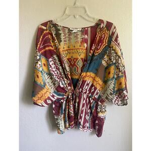 Silk Swim Cover Up Colorful Ethnic Tribal Boho Size 3X Tie Waist